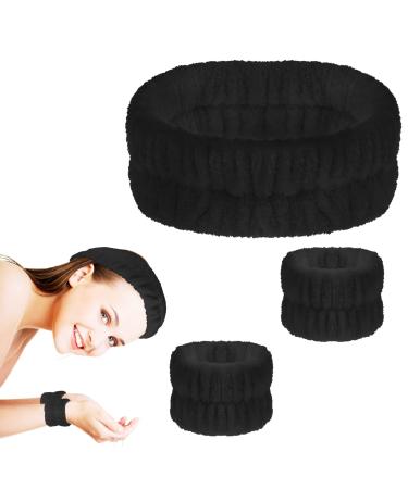 WLLHYF Spa Headband Wrist Washband Face Wash Set Facial Makeup Hair Band Microfiber Shower Head Wraps Adjustable Wrist Wash Bands Prevent Liquid from Spilling for Women Girls Black