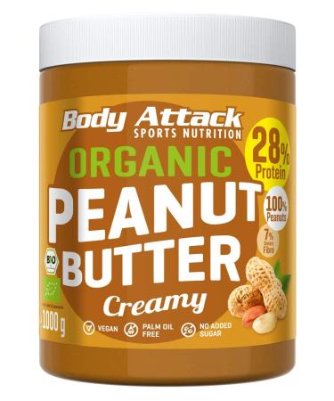 Body Attack Organic Peanut Butter Creamy 1kg organic erd nut butter without palm oil peanutism vegan unsweetened 28% protein bio creamy 1 kg (1 Pack)