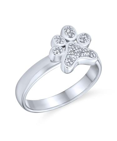Bling Jewelry Animal Lover Cubic Zirconia CZ Pave BFF Pet Dog Cat Puppy Kitten Paw Print Ring For Teen For Women Silver Plated Brass Silver L