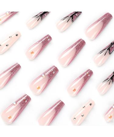 24pcs Long Coffin Shaped Ballet Fake Nails with Rhinestone Butterfly Pattern Design French Fake Nails for Women and Girls Nail Tips 19 - Buy Online on SooperMarket.com