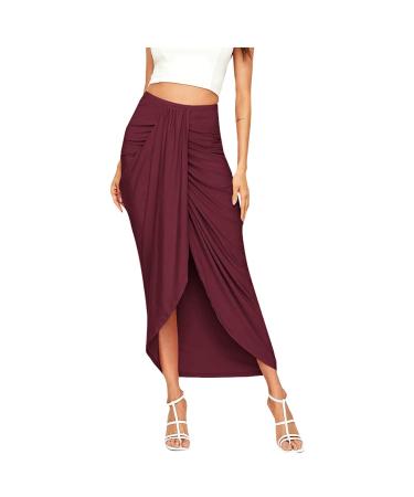 Sanahy Women's Casual Slit Wrap Asymmetrical Elastic High Waist Maxi Draped Skirt Casual Boho Summer Beach Midi Wrap Skirts Wine L