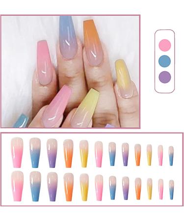 24pcs Rainbow Press On Nails Long Ballerina False Nails Full Cover Coffin Fake Nails Stick On Nails Neon Tip French Manicure Artificial Nails Acrylic Nails Stick On Nail False Tips for - Buy Online on SooperMarket.com