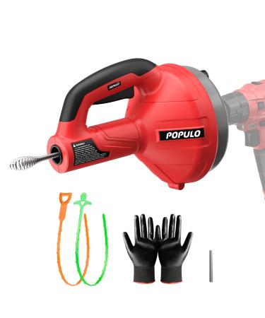 POPULO Drain Auger 23 Ft Snake Drain Clog Remover Heavy Duty Plumbing Snake Use Manually or Powered for Kitchen Bathroom and Shower Sink Snake Drain Hair Removal Tool with Drill Adapter and Glove
