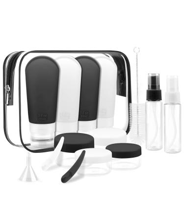 Etopgo 16 pieces silicone travel bottles set travel bottles for filling. Explanationally refillable TSA approved empty cosmetics travel set travel size containers for shampoo lotion rinse shower gel black