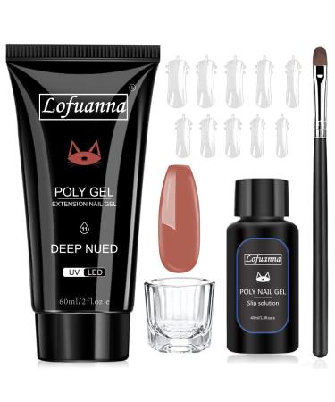 Lofuanna poly nail gel set-60ml dark nude nail extension gel all-in-one set nail gel kit for nails with slip solution nail form nail brush glass cup nail art design for beginners bb