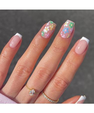 White French Multicolor Flowers Press on Nails - Coffin Stick on Nails Nails Tips Full Cover Fake Nails Glossy Nails for Women Girls DIY Nail Manicure 24 PCS False Nails 01