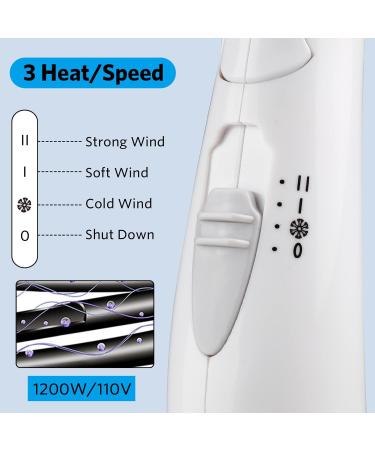 Travel Hair Dryer 1200W - Lightweight Folding Handle 3 Heat Settings Fast Drying Compact & Professional for Women - White - Buy Online on SooperMarket.com