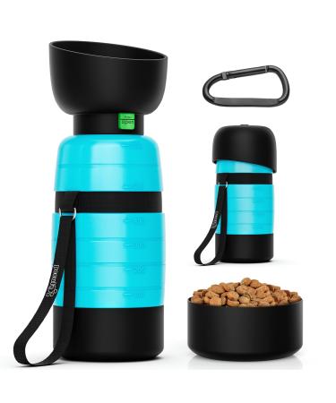 Pecute dogs water bottle 650ml with food container 3-in-1 portable puppies drinking bottles Spout light water dispenser for walks outdoors travel (blue) 650ml+150ml blue