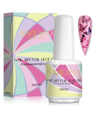 Saviland Nail Foil Glue - 15ml Nail Foil for Foil Transfer Gel, Nail Foil Sheets on Gel Nail Polish, Acrylic Nail Kit, Glue Transfer Soak-Off U V LED Gel for Home DIY Manicure Decoration or Nail Salon