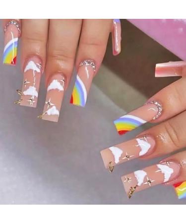 RUNRAYAY Rainbow French Long Fake Nail Press on False Nails with Nail Charms Coffin Acrylic Full Cover Nails Tips for Women & Girls 24Pcs