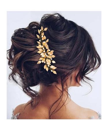 Gorais Leaf Bride Wedding Hair Comb Gold Bridal Hair Pieces Pearl Headpiece Hair Accessories for Women and Girls