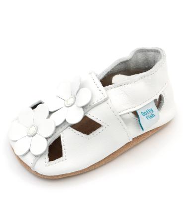 Dotty Fish Soft Leather Baby Shoes with Suede Soles. Toddler Sandals. Non-slip. 0-6 Months to 3-4 Years 18-24 Months White Flowers