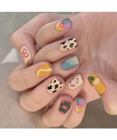 Hkanlre Cute Press on Nails Short Flower Fake Nails Acrylic Colorful False Nails Butterfly Nails for Women and Girls 24PCS