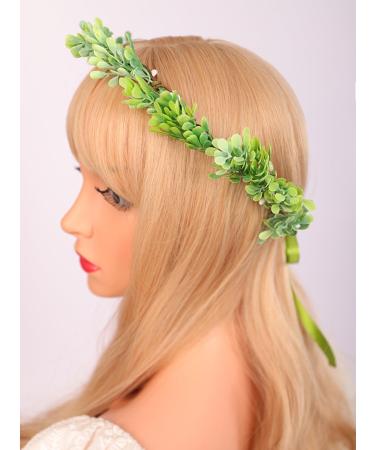 Wiwpar Boho Green Leaf Floral Headband Christmas Wedding Flower Wreath Hair Headpiece Bridal Maternity Photo Props Headpiece Holly Hair for Women Girls Halloween Costume (Style1)