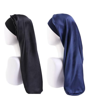 Ladaypoa long satin sleeping cap 2 pieces large sleeping hats for women long braids satin-sleep hat extra large sleeping cap with a wide elastic ribbon soft and convenient black + dark blue