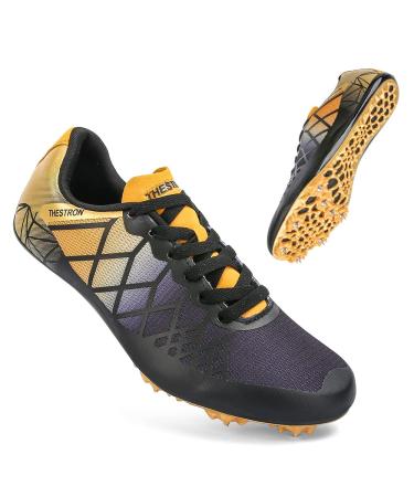 THESTRON Professional Spikes Track & Field Shoes for Men Women Kids Breathable Racing Jumping Sprint Running Sneakers 8 Black Gold
