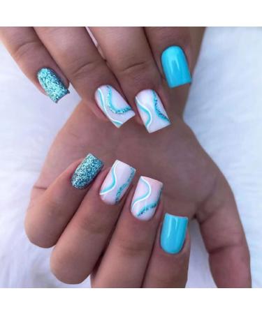 MISUD Short Square Press on Nails Squoval Fake Nails Glossy Glue on Nails Blue Swirl Artificial Acrylic Nails Bling Glitter Stick on False Nails with Design 24 pcs 0001-MS009