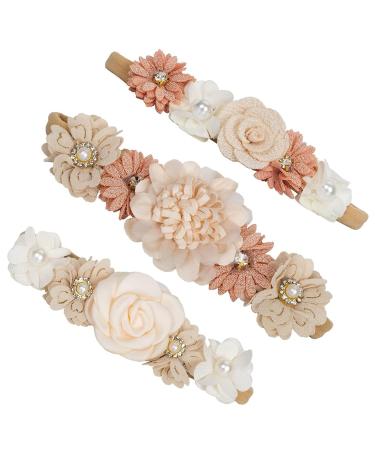 WJRQD 3 Pieces Baby Girl Flower Headbands With Stain Band Flower Band Headband Baby Christenning Headband Newborn Headband Baby Hair Accessories for Party Wedding Family Photo