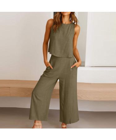Women's Summer Two Piece Set - Sleeveless Crop Top and Capri Pants in Khaki - Size Medium - Buy Online on SooperMarket.com