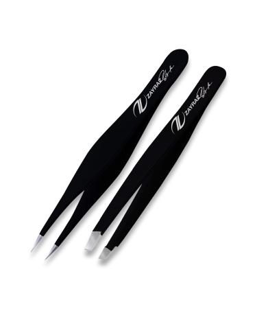 Zayraz style tweezer Set Slant Pointed Tweezer for Ingrown Hair. Precision Sharp Needle Nose Pointed Tweezers for Splinters -Set of Point and Slant Stainless Steel Tweezers for Eyebrow Plucking Black