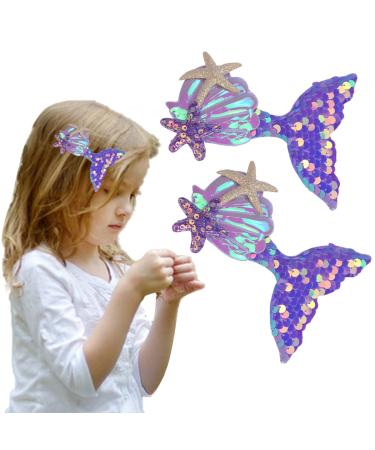 Mermaid Hair Pins Sequins Reversible Fish Tail Hair Clips Starfish Shell Hair Barrettes Purple Mermaid Glitter flakes Hair Alligator Clips Cute Girls Women Hair Accessories Birthday Beach Party Headpiece Supplies 2 PCS