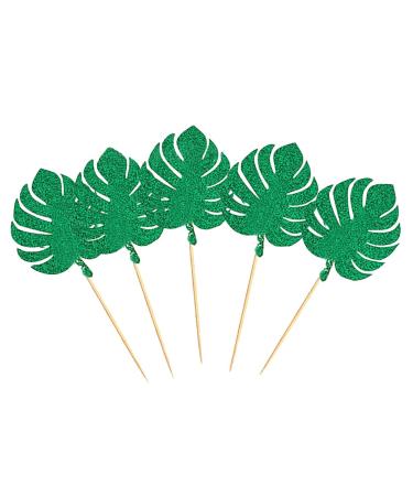 48 Pcs Glitter Tropical Leaves Cupcake Toppers Green Jungle Plants Cake Picks Palm Leaf Cake Toppers Summer Tropical Theme Cake Decorations
