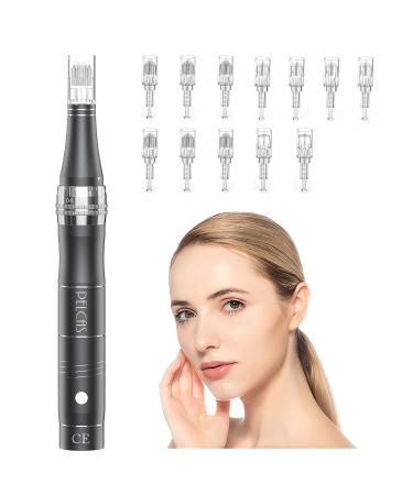 Pelcas rechargeable car derma micro needs roller electric pen anti-aging skin therapy device with 3 speed levels including 12 needle heads fold stretch marks acne scar anti-folds gray dark gray