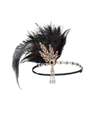 IYOU Crystal Flapper Headpiece Black Feather Gatsby Headband Wedding Party 1920s Hair Band Accessories for Women