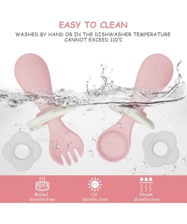 Vicloon Baby Fork and Spoon Set - 2 Pcs Infant Silicone Training Utensils for Baby Led Weaning - Self Feeding Learning Spoons - Pink - Buy Online on SooperMarket.com