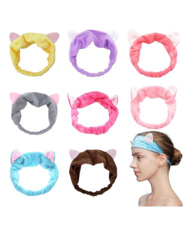 MIVAIUN 8 Pieces Cat Ears Elastic Headbands Spa Shower Face Washing Hairband Colourful Elastic Women's Lovely Animal Ears Hair Band Facial Headband Make Up Wrap Head Band For Spa Shower (Muticolor)