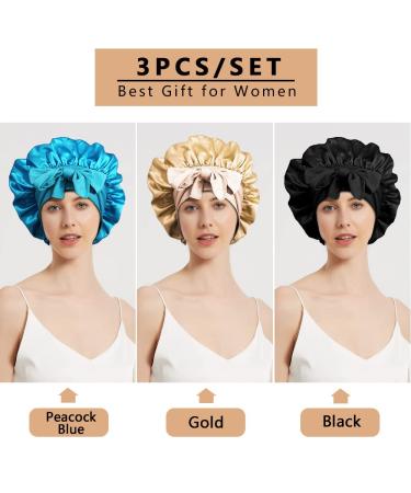 3pcs Satin Bonnets for Black Women - Large Silky Bonnet Set in B- Black, Peacock Blue, Rose Gold - Buy Online on SooperMarket.com