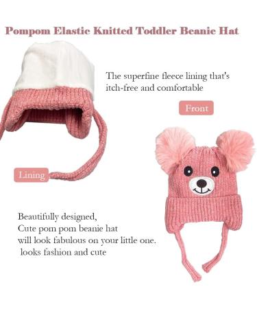 Cute Bear Kids Winter Hat | Dual Pom-Pom Ear Flaps | Fleece Lined Earflap Cap for Boys & Girls 1-5 Years | Chenille Knitted Warm Hat | Toddler Cold Weather Beanie - Pink - Buy Online on SooperMarket.com