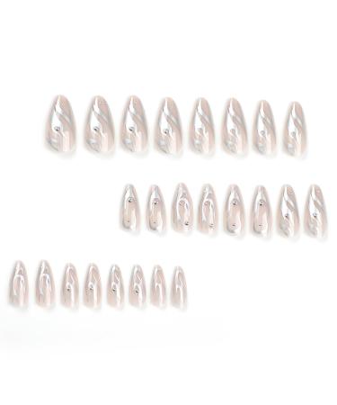 MISUD Press on Nails - Medium Almond Glossy Chrome Swirl Acrylic Stiletto - 24 pcs 3D Pearl Flash False Nails for Stunning Nail Art - Buy Online on SooperMarket.com