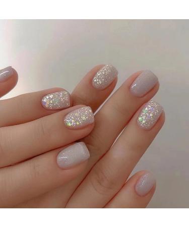 MISUD Short Square Press on Nails Squoval Fake Nails Glossy Glue on Nails Bling Glitter Acrylic Nails Gray Aurora Arificial Nails Shiny Sequins Stick on False Nails with Design 24 pcs 02202Silver