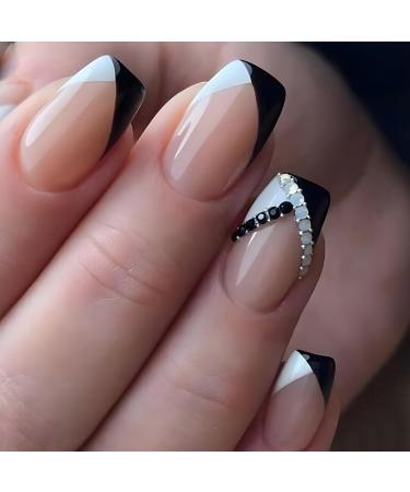 Coffin Press on Nails Short Square Fake Nails with Black&White French Tip Nails Designs Glossy False Nails with Glue on Nails Press Ons Artificial Nails for Women 24Pcs Short Square False Nail Tips French 5