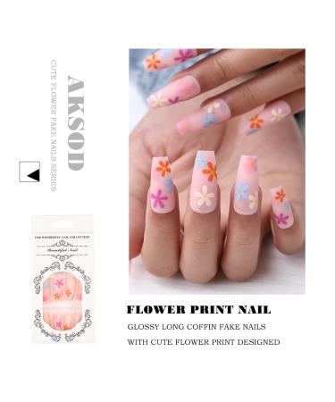 Colorful Matte Long Coffin Press on Nails - Pink Flower Design 24Pcs for Women and Girls - Buy Online on SooperMarket.com
