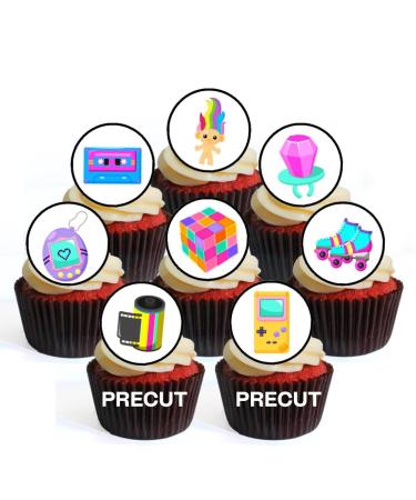 PRECUT 90's Edible Cupcake Toppers - Retro 90's Theme Premium Thickness SWEETENED VANILLA - wafer card disc cake decorations (Pack of 12)