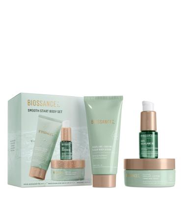 BiossanceSmooth Start Body.Travel SizeSqualane + Enzyme Sugar Body Scrub  Unscented Caffeine Toning Body Cream and 100% Squalane Oil to Exfoliate and Moisturize Dry Skin