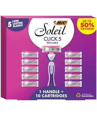 BIC Click 5 Soleil Women's Disposable Razors 5 Blades With a Moisture Strip For a Smoother Shave 1 Handle and 10 Cartridges 11 Piece Razor Set