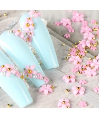 Dornail White Pink 3D Acrylic Flower Nail Charms with Pearl & Golden Caviar Beads - Nail Art DIY Decorations - Buy Online on SooperMarket.com