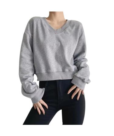 Baby Sweater 56 Women Autumn Loose V-Neck Long Sleeve Solid Short Casual T-Shirt Shirt Short Sleeve Ladies Gray S