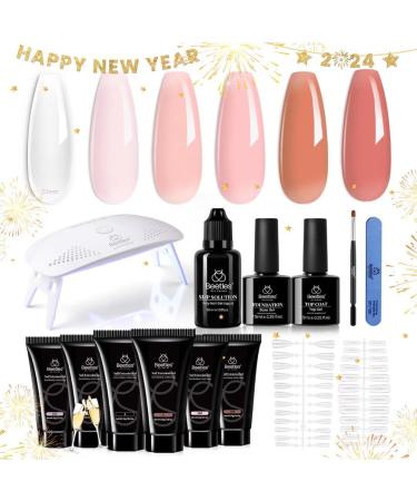 Beetles Poly Nail Extension Gel with Uv Light Starter Kit- 6 Colors Clear Nude Pink Neutral Colors All In One Kit Poly Nails Gel Set Builder Hybrid Jelly Gel with Base Top Coat Set Golden Journey DIY Gentle Treatment