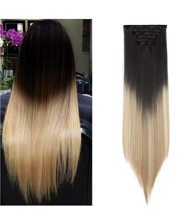 26inches Clip in Hair Extensions #Black to Mixed Blonde 100% Synthetic Hairpiece Extension 8pcs Long Straight Hair Pieces For Full Head 26 Inch Straight #Black to Mixed Blonde