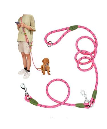 Dog leash to run walk training crossbody double linen for dogs 1.2 cm thick nylon reflective hard-wearing for small medium-sized and large dogs pink rose