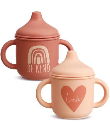 2 Pcs Silicone Sippy Cup Training Cup for Baby 6 Months+ Soft Baby Cup with Straw Spill Proof Sippy Cups for Toddlers with Handles and Spout Lid Easy Grip 5 Oz (Light Orange  Dark Orange  Cute Style) Cute Style Light Ora...