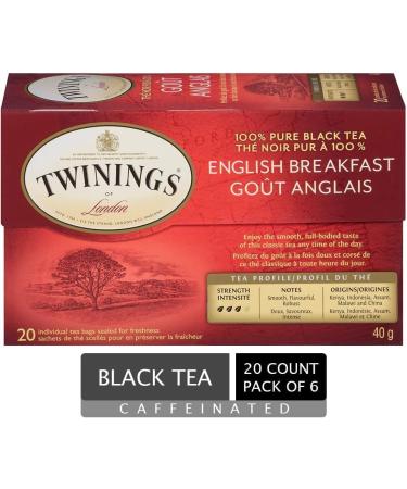 Twinings English Breakfast Individually Wrapped Tea Bags | Smooth Flavourful Black Tea | 20 Count (Pack of 6) | Enjoy Hot or Iced English Breakfast 20 Count (Pack of 6) - Buy Online on SooperMarket.com
