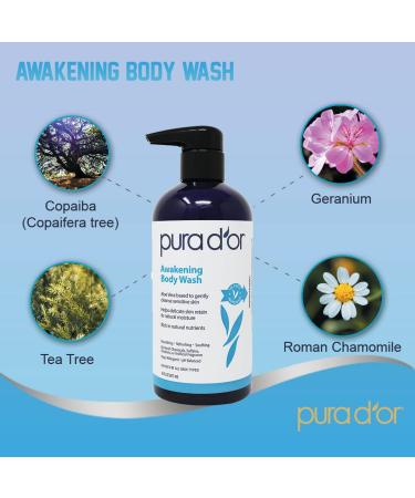 PURA D'OR Awakening Body Wash - 16oz/473ml, Aloe Vera, Chamomile, Lavender, Tea Tree, pH Balanced for Soft & Fresh Skin - All Skin Types, Men-Women - Buy Online on SooperMarket.com