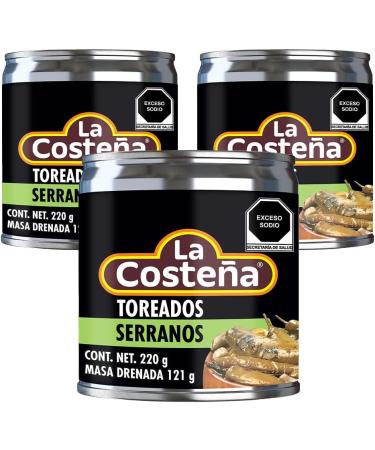 La Costena Serrano Toreados 220g (Pack 3) / Mexican Spicy Roasted Serrano Chilli Peppers In Can Multi Pack - Buy Online on SooperMarket.com