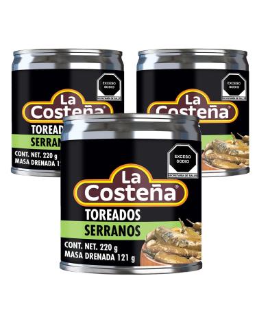 La Costena Serrano Toreados 220g (Pack 3) / Mexican Spicy Roasted Serrano Chilli Peppers In Can Multi Pack