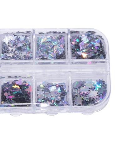 Holographic Nail Art Glitter Sequins - Laser Silver Decals 12 Grids | 3D Butterfly, Star, Heart, Unicorn Sticker Confetti for Acrylic Nails - Buy Online on SooperMarket.com